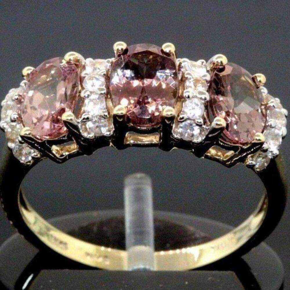 10k Yellow Gold Oval Topaz Three-Stone Ring Size 9.25 Estate Sale Cubic Zirconia